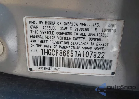 2001 Honda Accord Value Package z USA, uszkodzony, nr VIN 1HGCF86651A107922